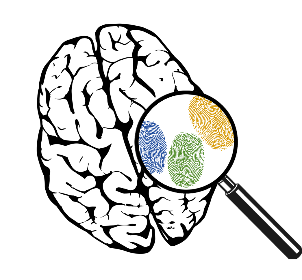 Human brain with a magnifying glass showing fingerprints