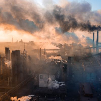 industry metallurgical plant dawn smoke smog emissions bad ecology aerial photography