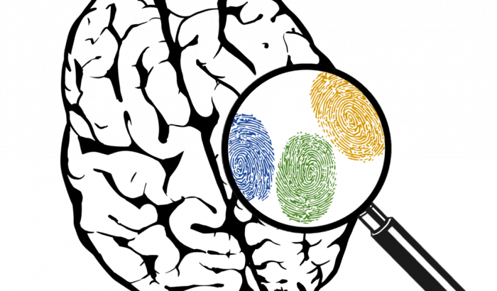 Human brain with a magnifying glass showing fingerprints