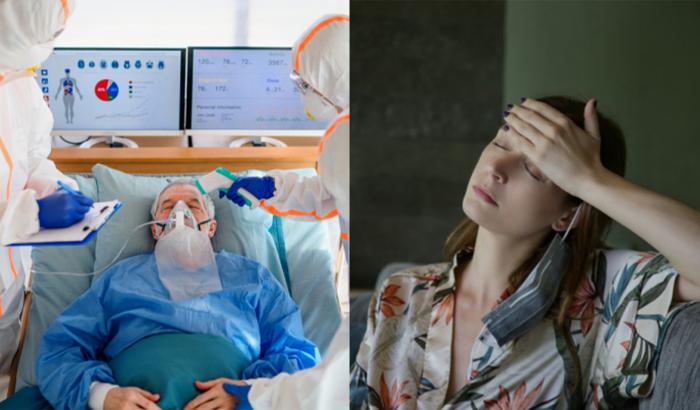 patient in hospital (left); woman touching front with hand (right)