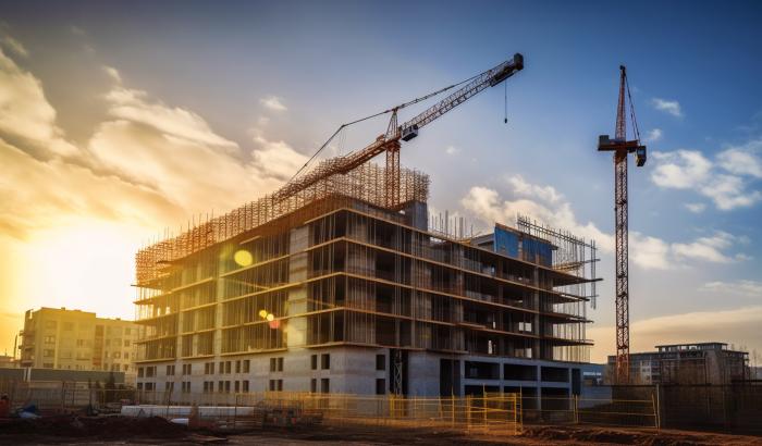 residential building construction site and sunset