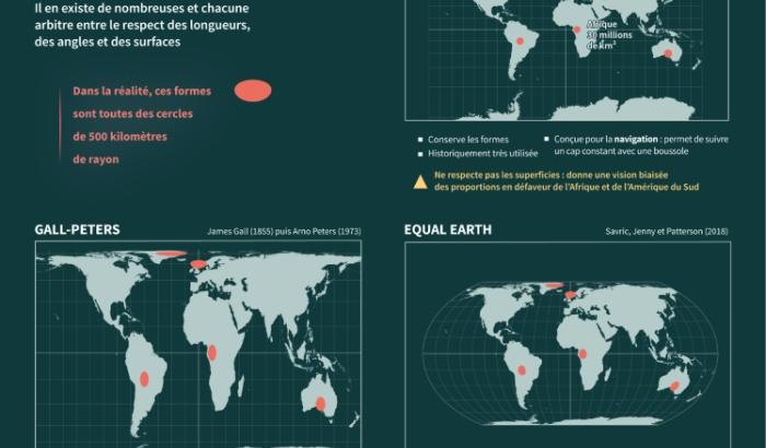 Planche explicative sur les projections cartographiques détaillant les avantages et les limites de trois projections : celle de Mercator, celle de Gall-Peters et la projection Equal Earth