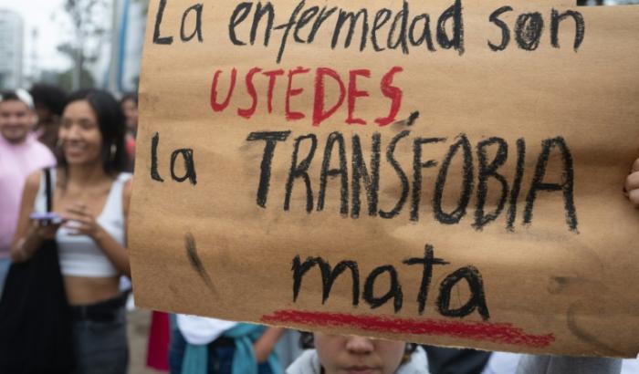 "Ce sont vous les malades, la transphobie tue", lit-on sur une pancarte brandie dans un rassemblement LGBTQ devant le ministère de la Santé, à Lima, le 17 mai 2024