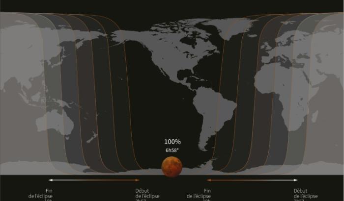 Carte de la Terre montrant les zones où sera visible l'éclipse totale de Lune qui aura lieu dans la nuit du 13 au 14 mars, selon les données de la Nasa