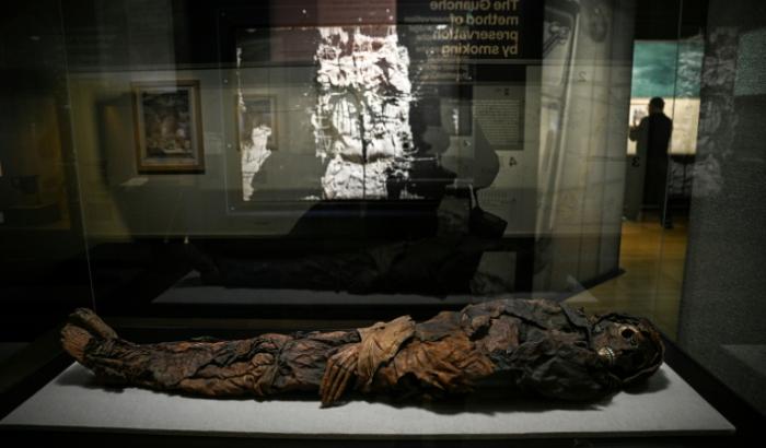 Une momie des îles Canaries surnommée "Jeune femme guanch"e présentée lors de la visite de presse de l'exposition "Momies", au Musée de l’Homme à Paris, le 18 novembre 2025