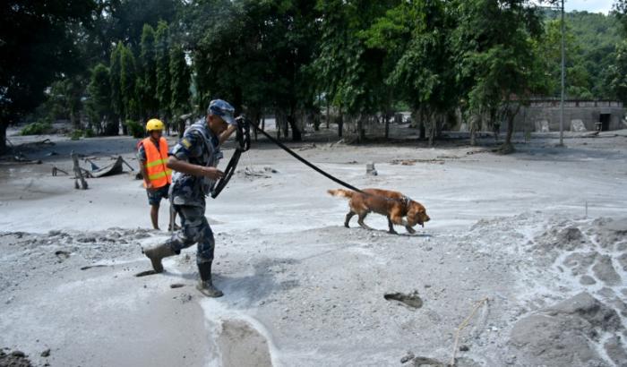 Un membre des forces de sécurité et son chien de recherche de survivants fouillent les lieux à la suite des crues soudaines survenues à Trishuli, dans le district de Nuwakot au Népal, le 27 août 2026.