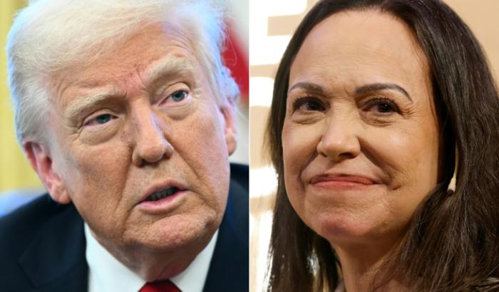 Combinaison d'images créée le 14 janvier 2026 montre le président américain Donald Trump à la Maison Blanche à Washington, DC, le 26 mars 2025, et la lauréate du prix Nobel de la paix Maria Corina Machado à Oslo, en Norvège, le 11 décembre 2025