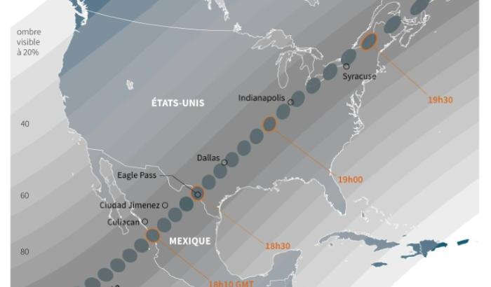 Carte montrant les zones où l'ombre de la Lune passera pendant l'éclipse solaire totale du 8 avril 2024, au Mexique, aux États-Unis et au Canada