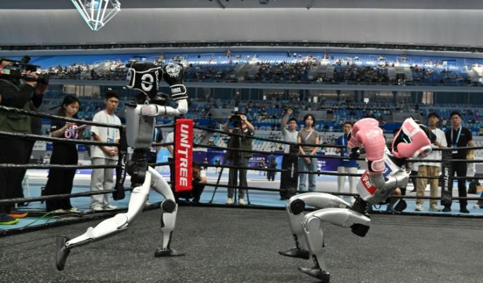 Deux robots s'affrontent lors de la première compétition mondiale de robots humanoïdes à Pékin, le 15 août 2025