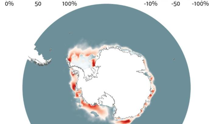 Etendue de la banquise antarctique mesurée en février 2023, et anomalies par rapport à la moyenne en février (1991-2020)