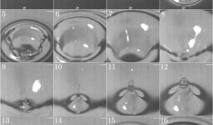 Image fournie par l'Univsersité de Cambridge le 22 juin 2018 décomposant le mouvement d'une goutte tombant dans l'eau avec la formation d'une cavité, et, en 15 et 16, l'apparition d'une petite bulle d'air responsable du fameux "ploc ploc"