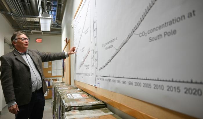 Le scientifique Tim Lueker montre un graphique représentant la courbe de Keeling, un indicateur majeur du changement climatique, le 11 avril 2025, à San Diego en Californie