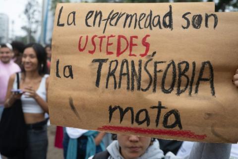 "Ce sont vous les malades, la transphobie tue", lit-on sur une pancarte brandie dans un rassemblement LGBTQ devant le ministère de la Santé, à Lima, le 17 mai 2024