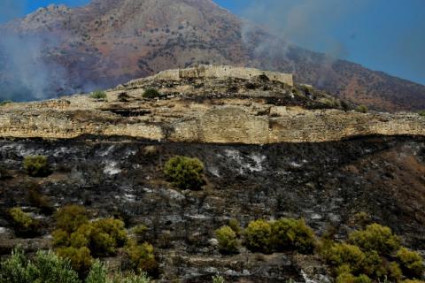 La fumée d'un incendie de forêt u-dessus du site archéologique de Mycènes, dans le nord-est du Péloponnèse, le 30 août 2020 en Grèce