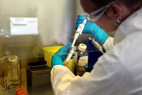 Une technicienne travaille sur des cellules CAR-T dans un laboratoire de la société biopharmaceutique française Cellectis, le 23 septembre 2021 à Paris