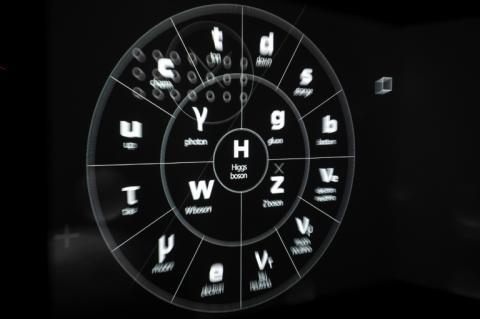 Une projection représentant des particules élémentaires, avec le boson de Higgs au centre, visible à l'Organisation européenne pour la recherche nucléaire (Cern), le 19 avril 2023 à Genève