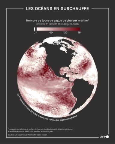 Globe terrestre représentant le nombre de jours de vagues de chaleur marine entre le 1er janvier et le 30 juin 2026, selon les données du service européen Copernicus Marine