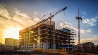 residential building construction site and sunset