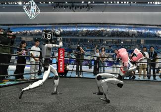 Deux robots s'affrontent lors de la première compétition mondiale de robots humanoïdes à Pékin, le 15 août 2025