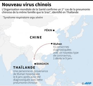 Carte de Wuhan en Chine où est apparu une maladie qui serait causée par un nouveau virus de la même famille que le Sras et de Thaïlande où un premier cas a été identifié