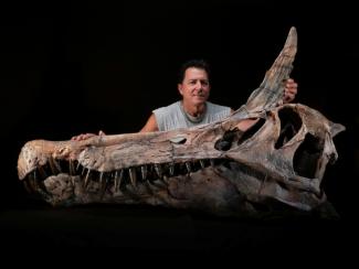Le paléontologue américain Paul Sereno pose à l'Université de Chicago, le 19 septembre 2025, près d'un moulage du crâne du premier fossile découvert de Spinosaurus Mirabilis, nouvelle espèce de Spinosaurus mise au jour